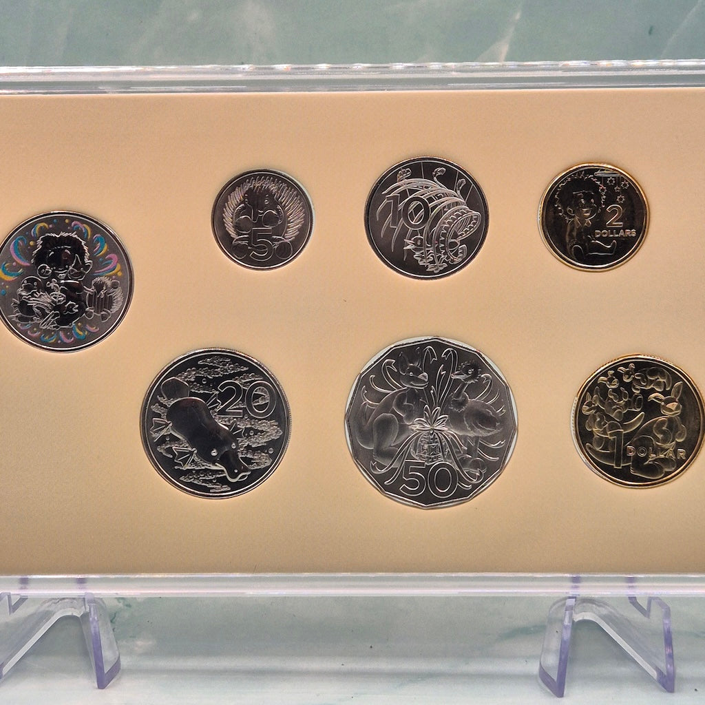 Reverse of six coins from the 2024 RAM Baby Mint Set with Baby inspired designs on all denominations and a coloured token