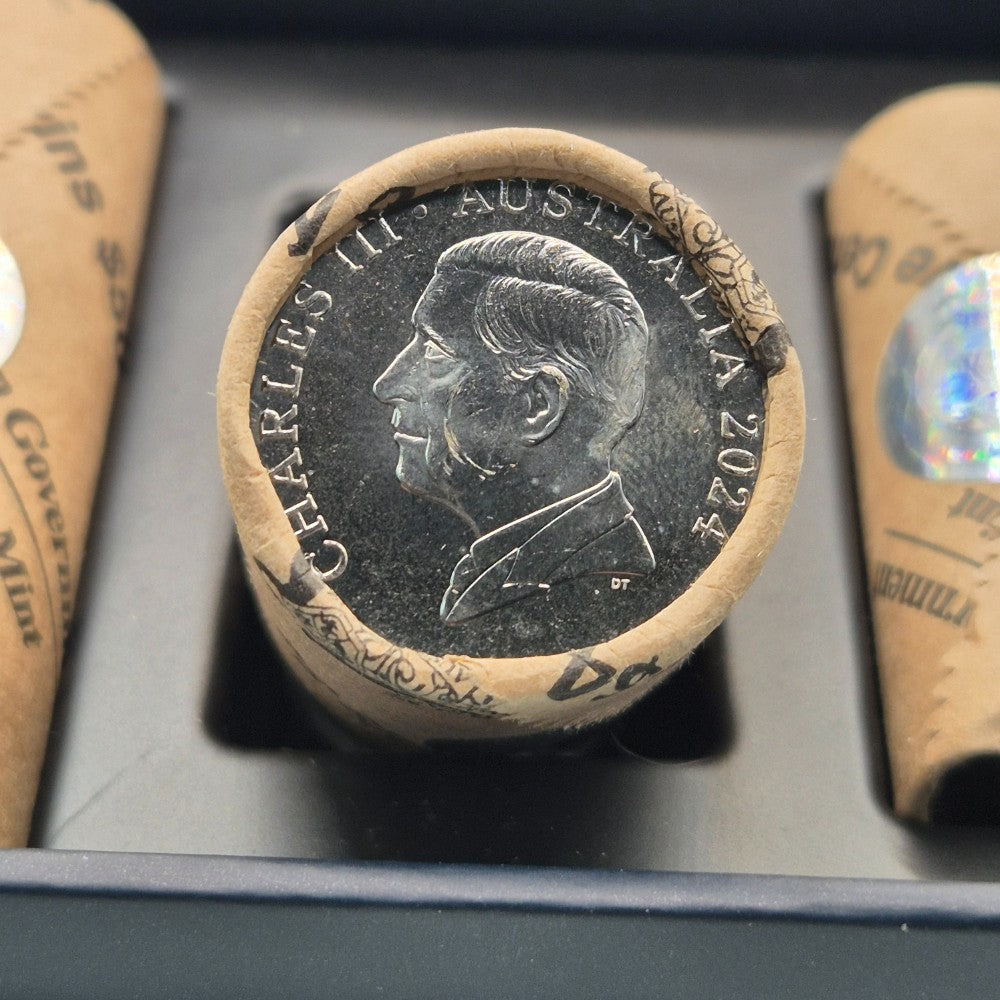 2024 Premium Royal Australian Mint Roll Set with $2, $1, 50c, 20c, 10c, and 5c circulating coin designs in uncirculated condition. obverse showing King Charles III and 2024 date.