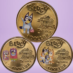 2024 $1 Bluey Dollarbucks Three Coloured Carded Coins - NO box - NO sticker sheet - reverse of coins featuring Bluey, The Grannies, The Heelers