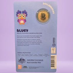 2024 $1 Bluey Dollarbucks Three Coloured Carded Coins - NO box - NO sticker sheet - back of card featuring Bluey