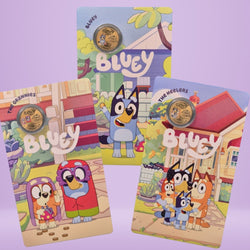 2024 $1 Bluey Dollarbucks Three Coloured Carded Coins - NO box - NO sticker sheet - front of cards featuring Bluey, The Grannies, The Heelers