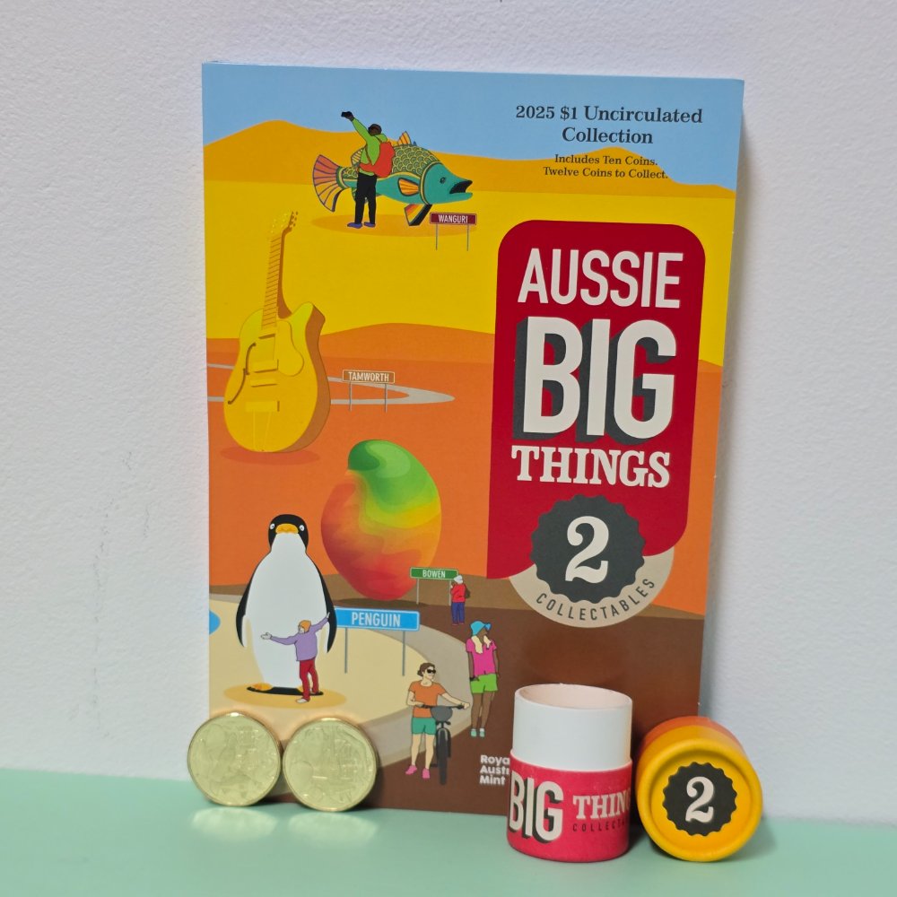 2025 $1 Aussie Big Things 2 Series Tube and Folder Uncirculated Collection, complete with 2x circulating $1 designs you can find in your change
