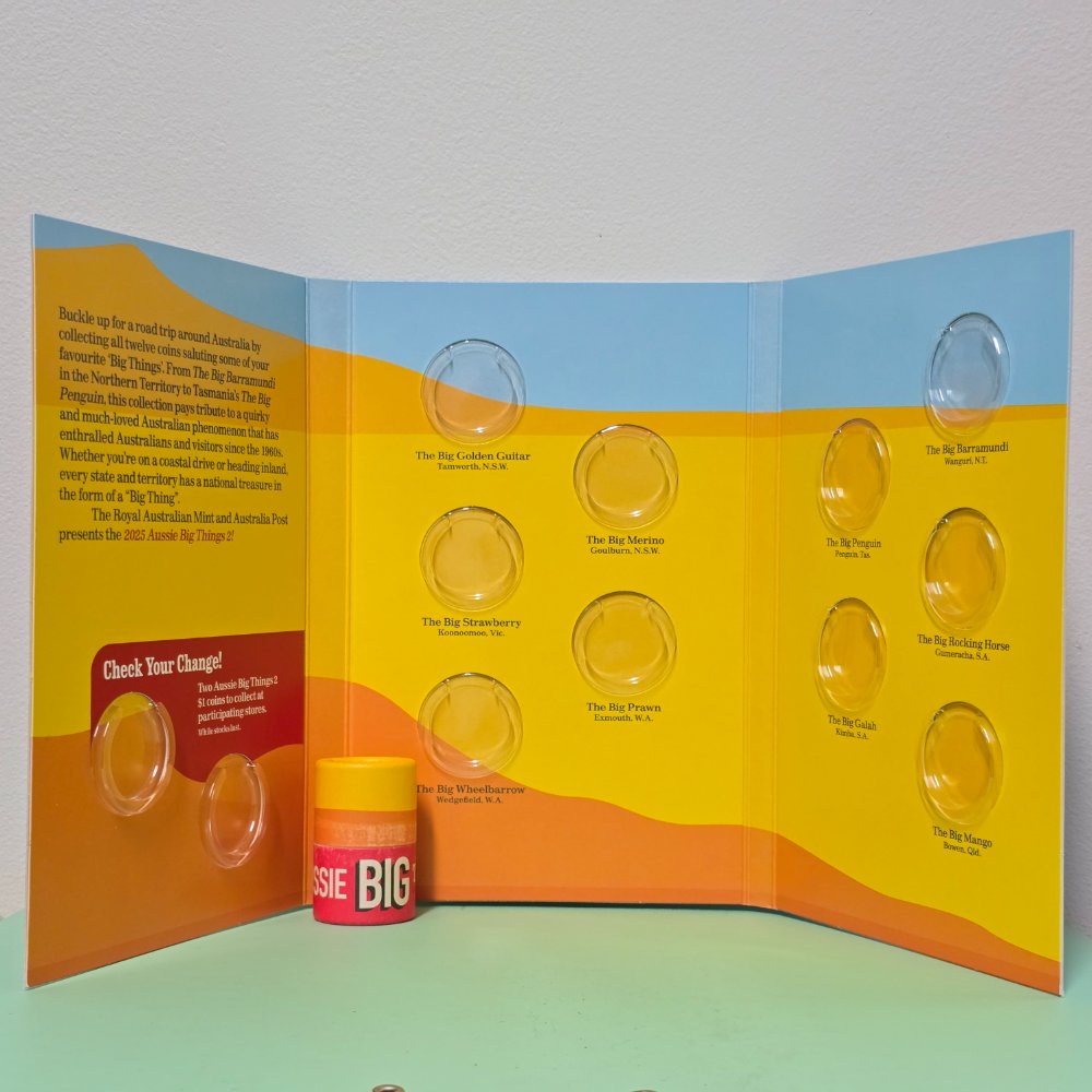 2025 $1 Aussie Big Things 2 Series Tube and Folder Uncirculated Collection, complete with 2x circulating $1 designs you can find in your change