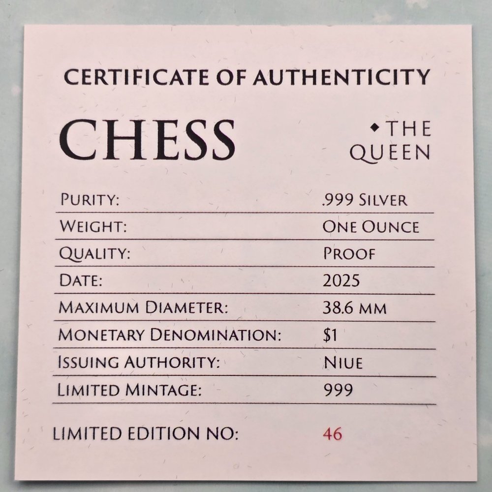 2025 $1 Chess Queen 1oz Silver Black Proof Coin