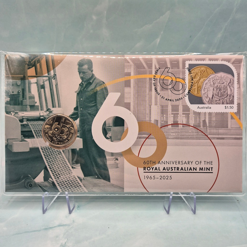 2025 $1 60th Anniversary of the Royal Australian Mint PNC with envelope Privy Mark front cover