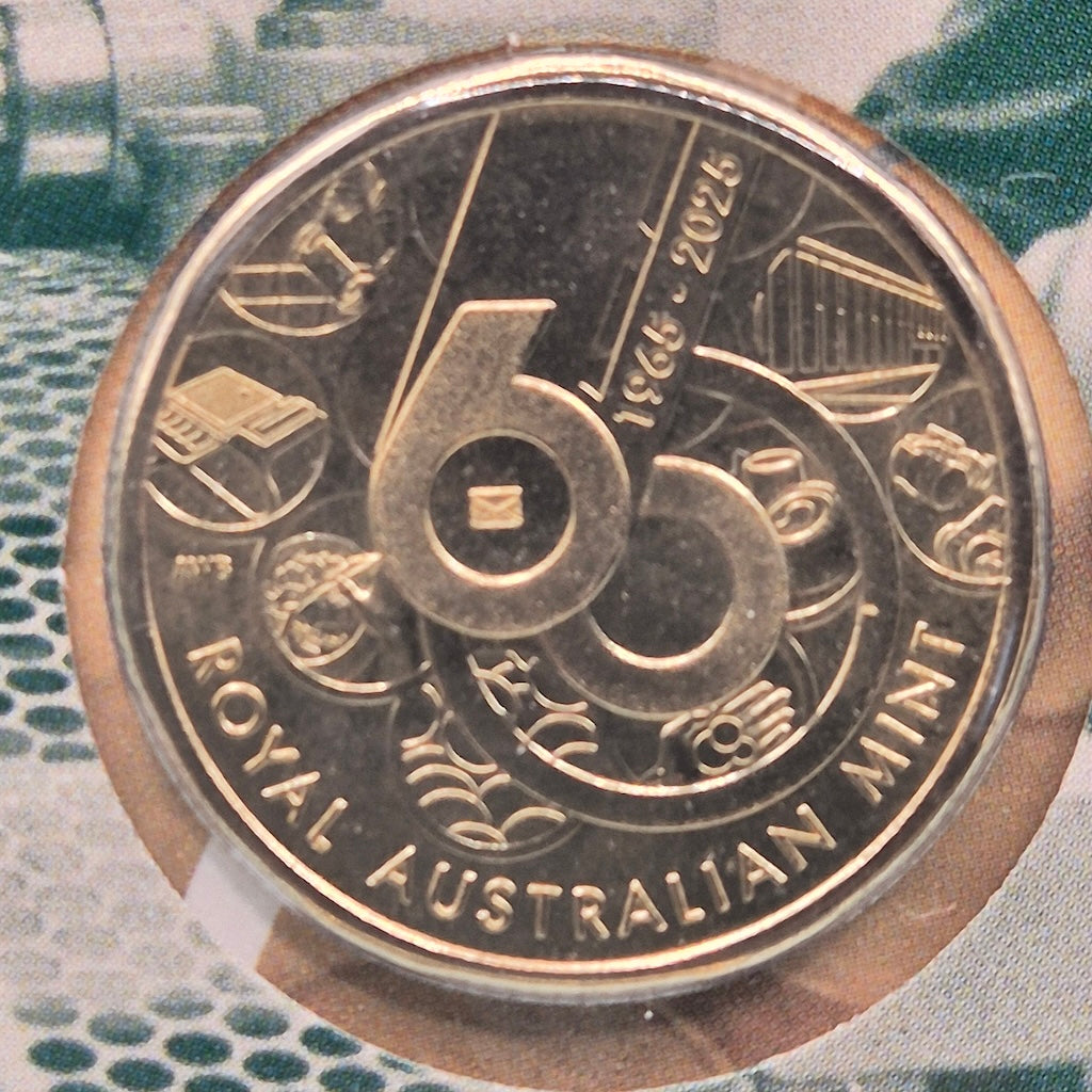 2025 $1 60th Anniversary of the Royal Australian Mint PNC with envelope Privy Mark close up reverse of coin
