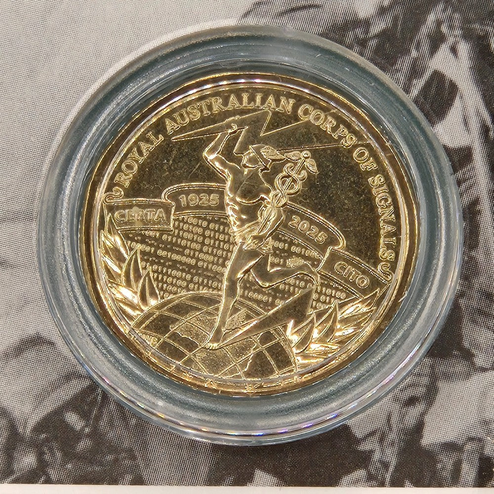 2025 $1 Centenary of the Royal Australian Corps of Signals Carded Coin reverse featuring God Mercury, with binary and morse code secret coded messages