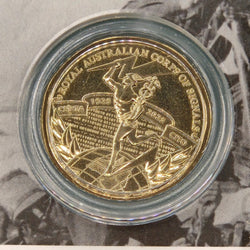 2025 $1 Centenary of the Royal Australian Corps of Signals Carded Coin reverse featuring God Mercury, with binary and morse code secret coded messages