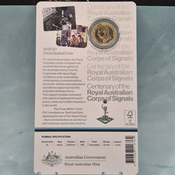 2025 $1 Centenary of the Royal Australian Corps of Signals Carded Coin back of card with 'UNCIRCLUATED' spelling error