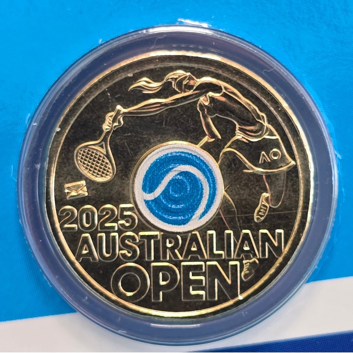 2025 $2 Australian Open Women's Coin with light blue tennis ball colour and envelope privy mark - reverse