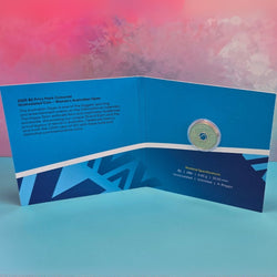 2025 Australian Open Women's $2 Privy Mark Coin in open folder with text and nominal specifications - reverse