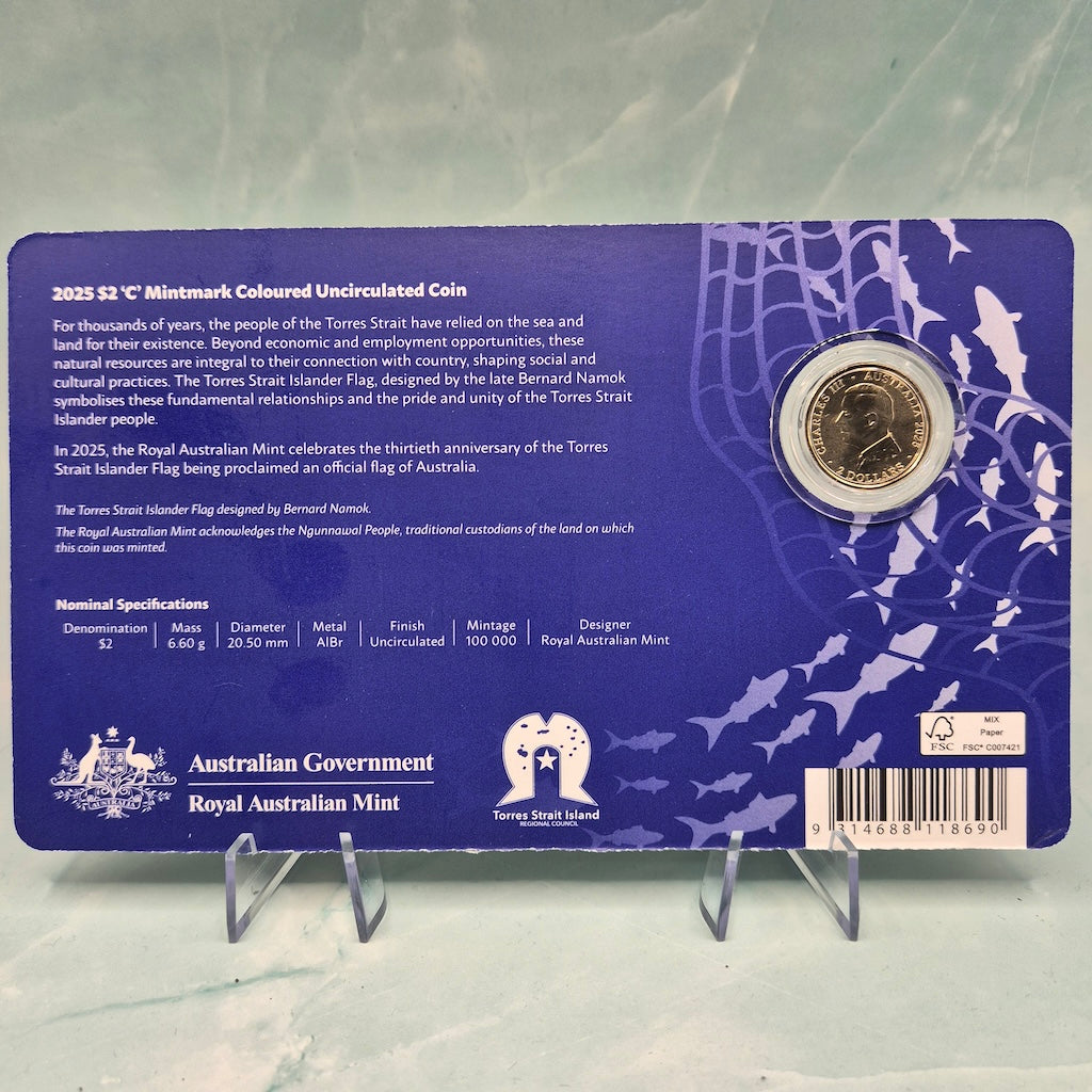 Back of 2025 $2 'C' Mintmark Anniversary of the Torres Strait Islander Flag carded coin