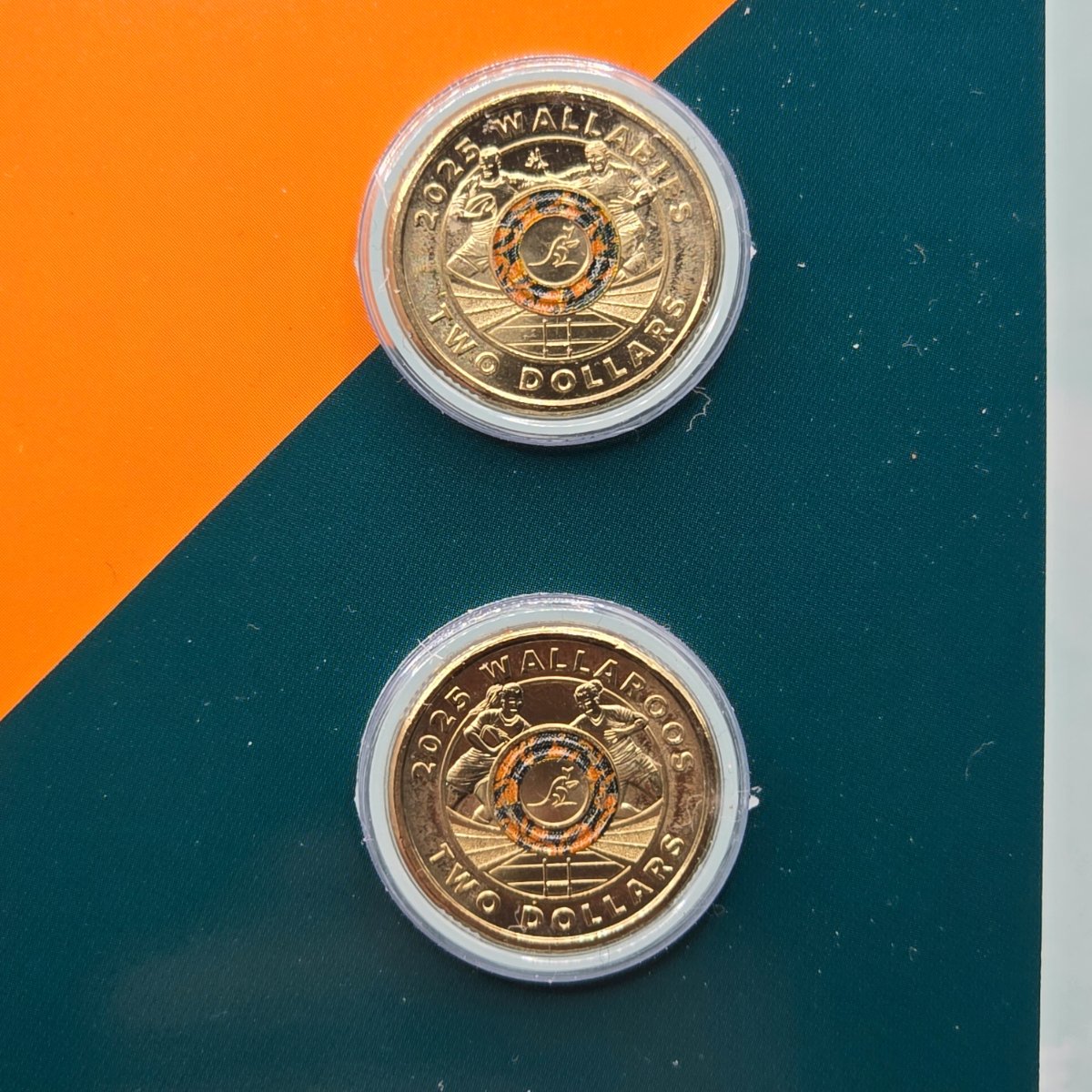 2025 $2 Wallabies and Wallaroos colour uncirculated coins in folder reverse of coins