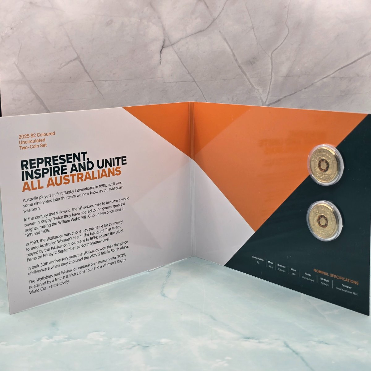 2025 $2 Wallabies and Wallaroos colour uncirculated coins in folder inner