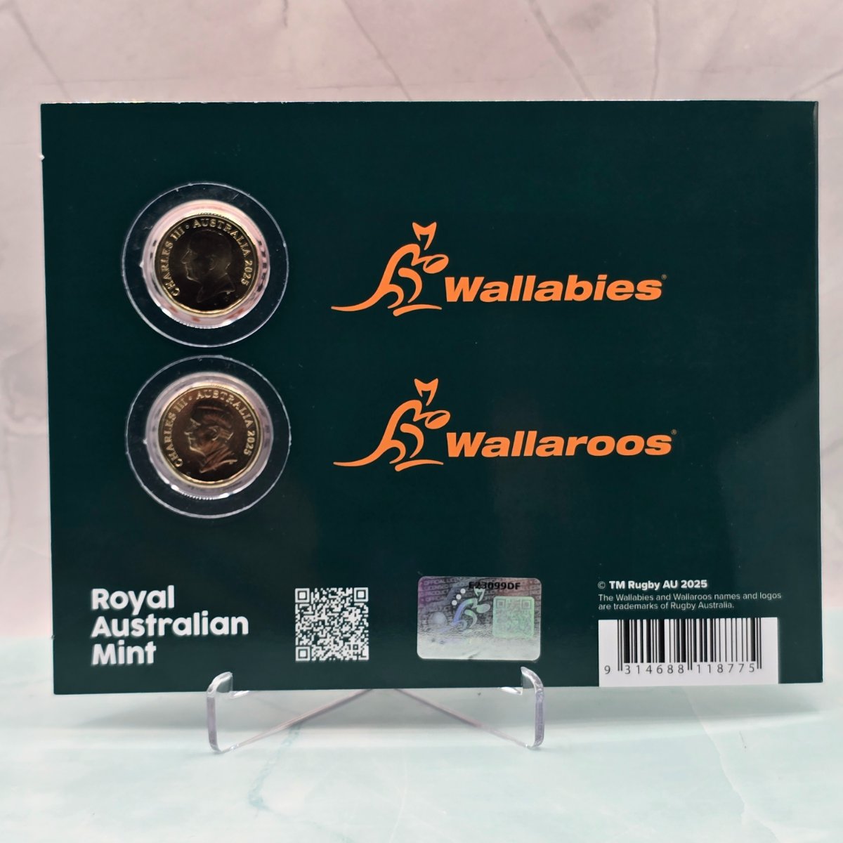 2025 $2 Wallabies and Wallaroos colour uncirculated coins in folder back cover and obverse of coins