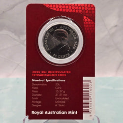 2025 50c Lunar Year of the Snake 50c Uncirculated Coin Tetra Decagon Series back of red small RAM card with gold accent