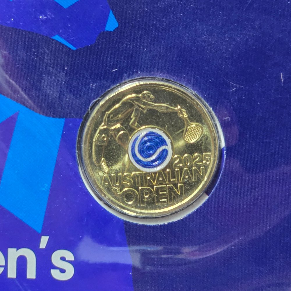 2025 $2 Men's Australian Open Tennis Tournament PNC standard dark blue coin design close up reverse