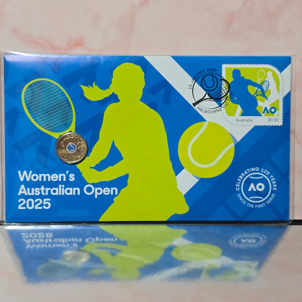 2025 $2 Women's Australian Open Tennis Tournament PNC standard light blue coin design front
