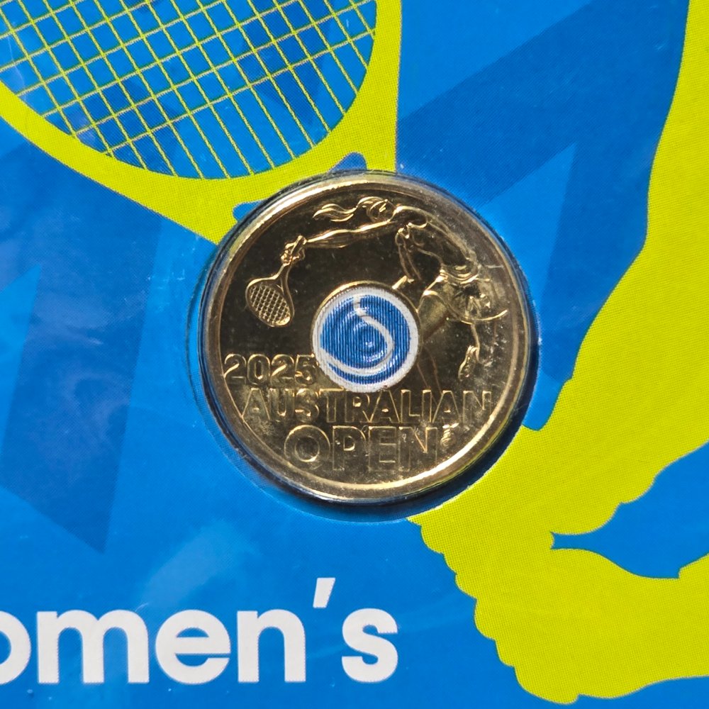 2025 $2 Women's Australian Open Tennis Tournament PNC standard light blue coin design reverse close up