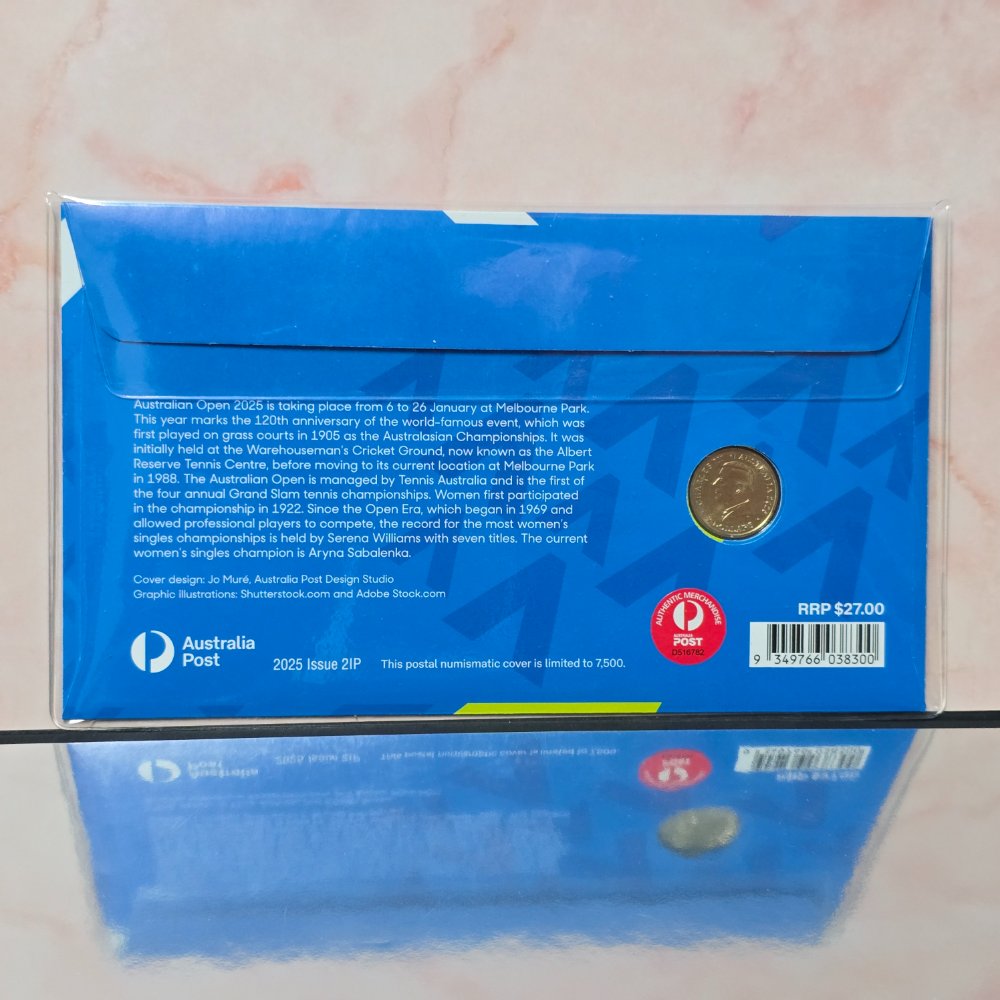 2025 $2 Women's Australian Open Tennis Tournament PNC standard light blue coin design back of PNC