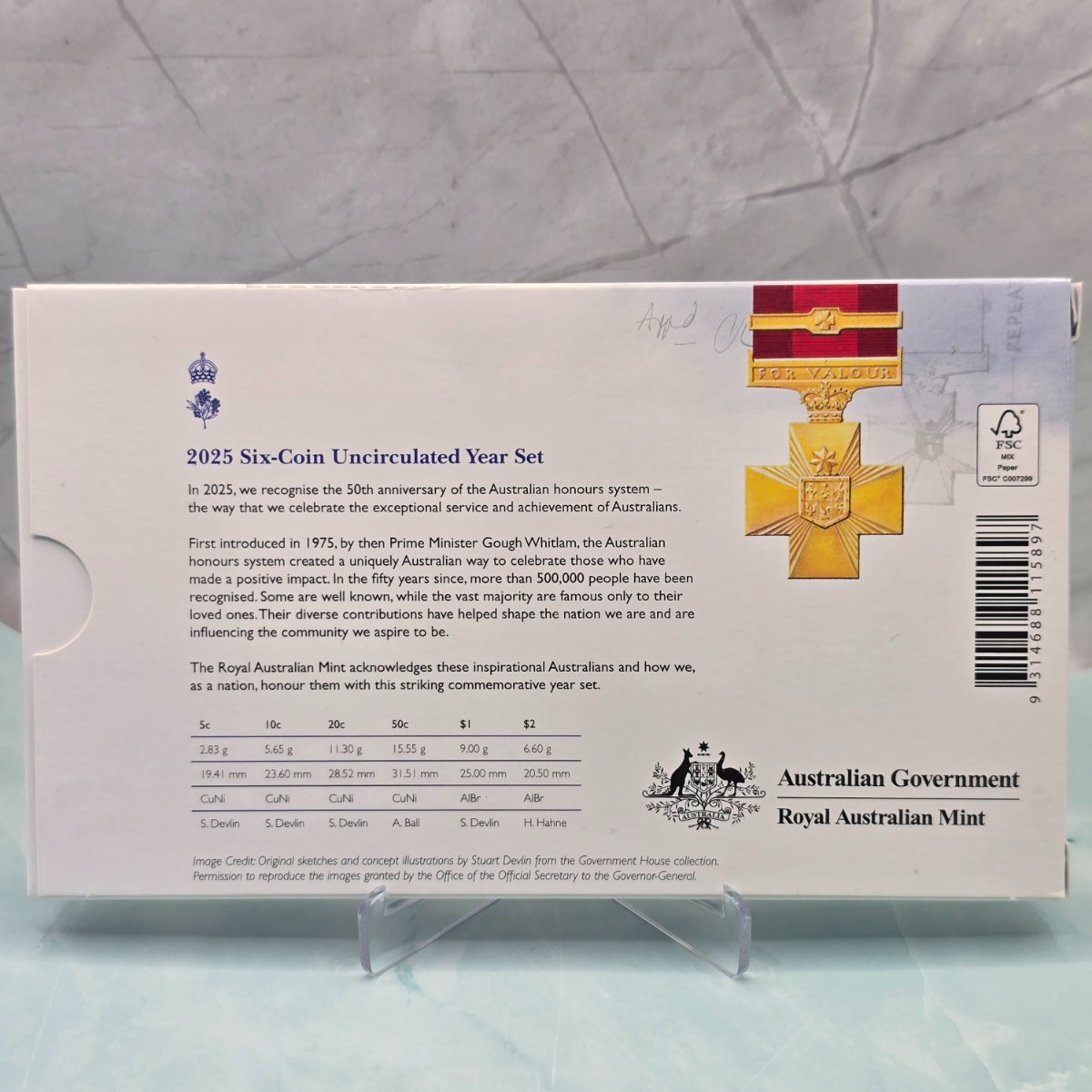 2025 50 Years of the Australian Honours System Six Coin Mint Set by the Royal Australian Mint back of packaging