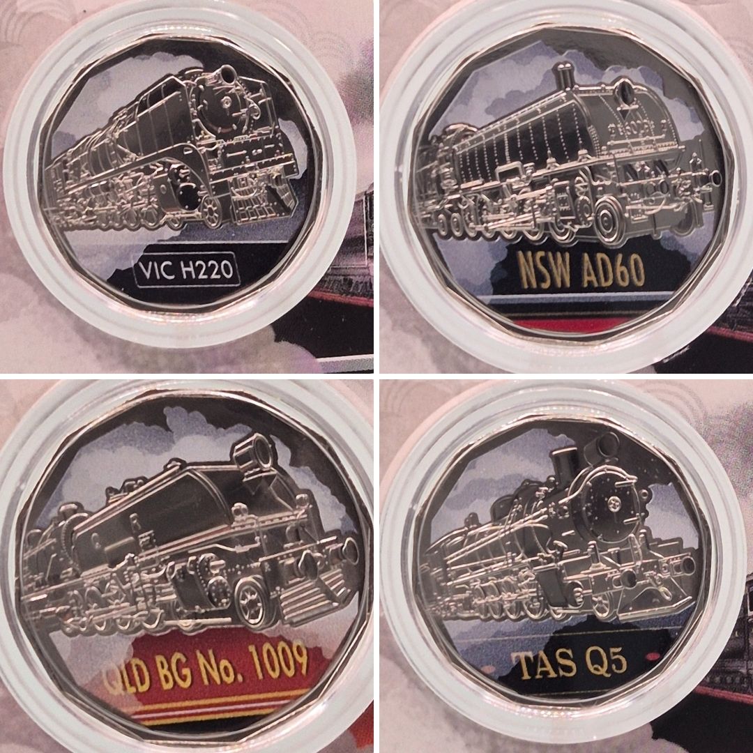 2025 Steam Giants Australian Rail Heritage 50c seven coloured coin collection 4 coin close ups reverse - VIC H220, NSW AD60, QLD BG No. 1009, and TAS Q5