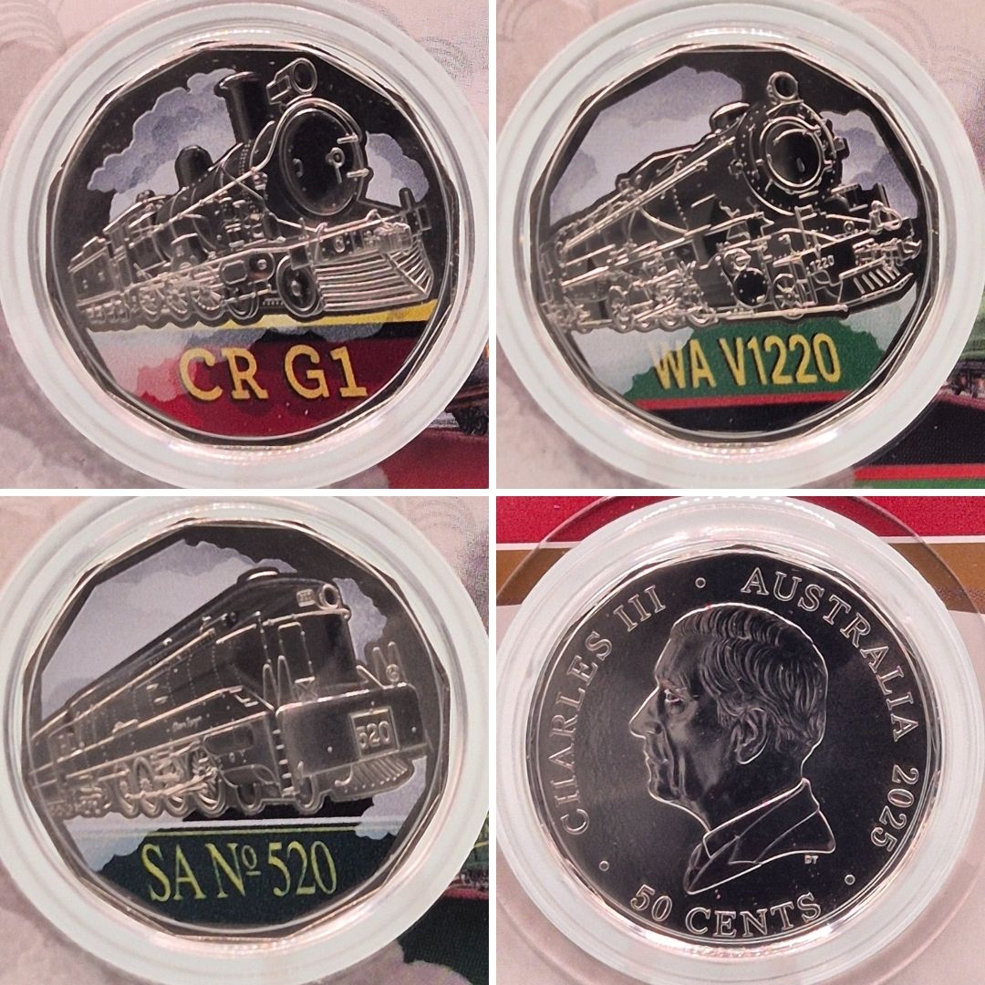 2025 Steam Giants Australian Rail Heritage 50c seven coloured coin collection 4 coin close ups - 3 reverse CR G1, WA V1220, SA No 520 and one obverse