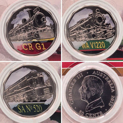 2025 Steam Giants Australian Rail Heritage 50c seven coloured coin collection 4 coin close ups - 3 reverse CR G1, WA V1220, SA No 520 and one obverse
