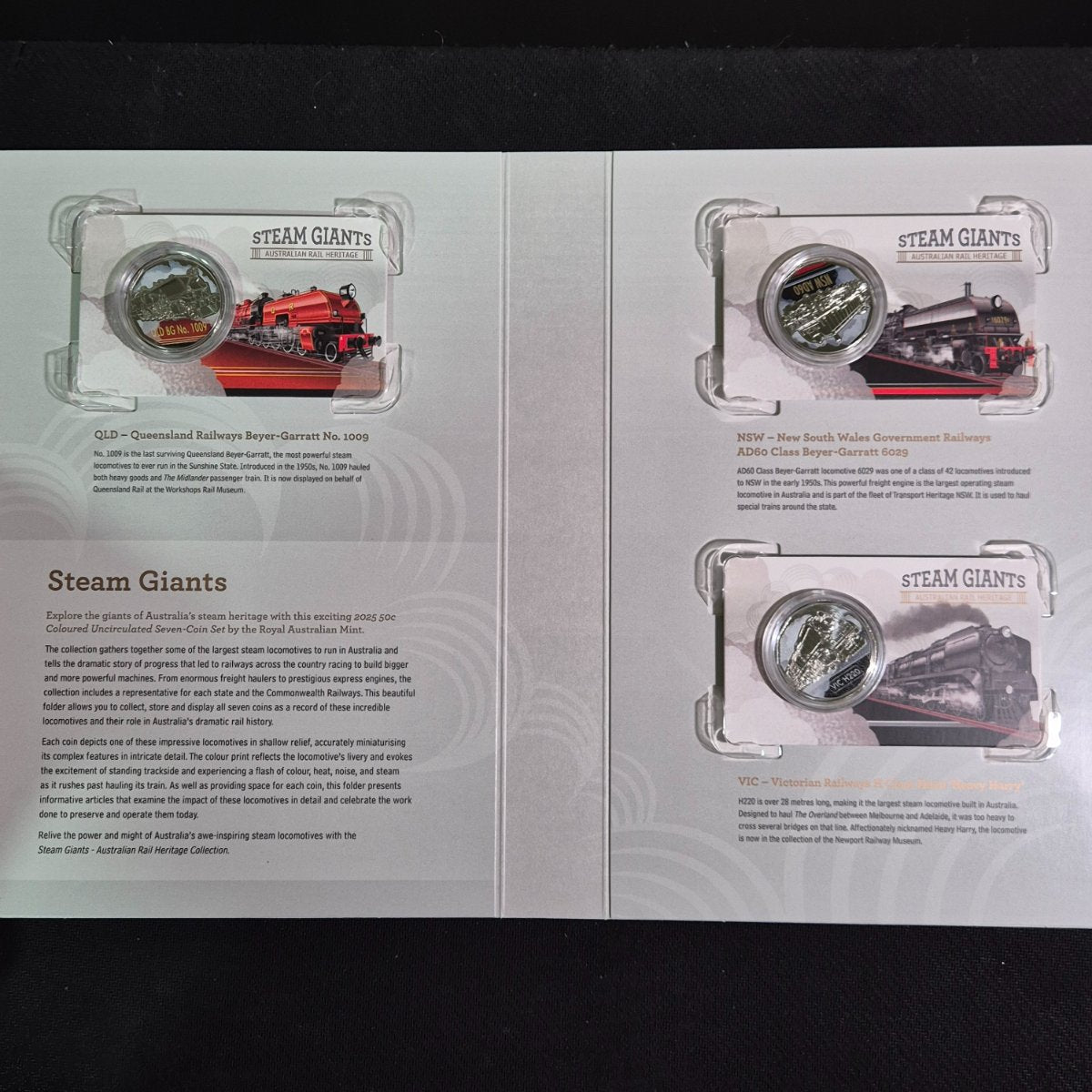 2025 Steam Giants Australian Rail Heritage 50c seven coloured coin collection inner folder first 2 pages
