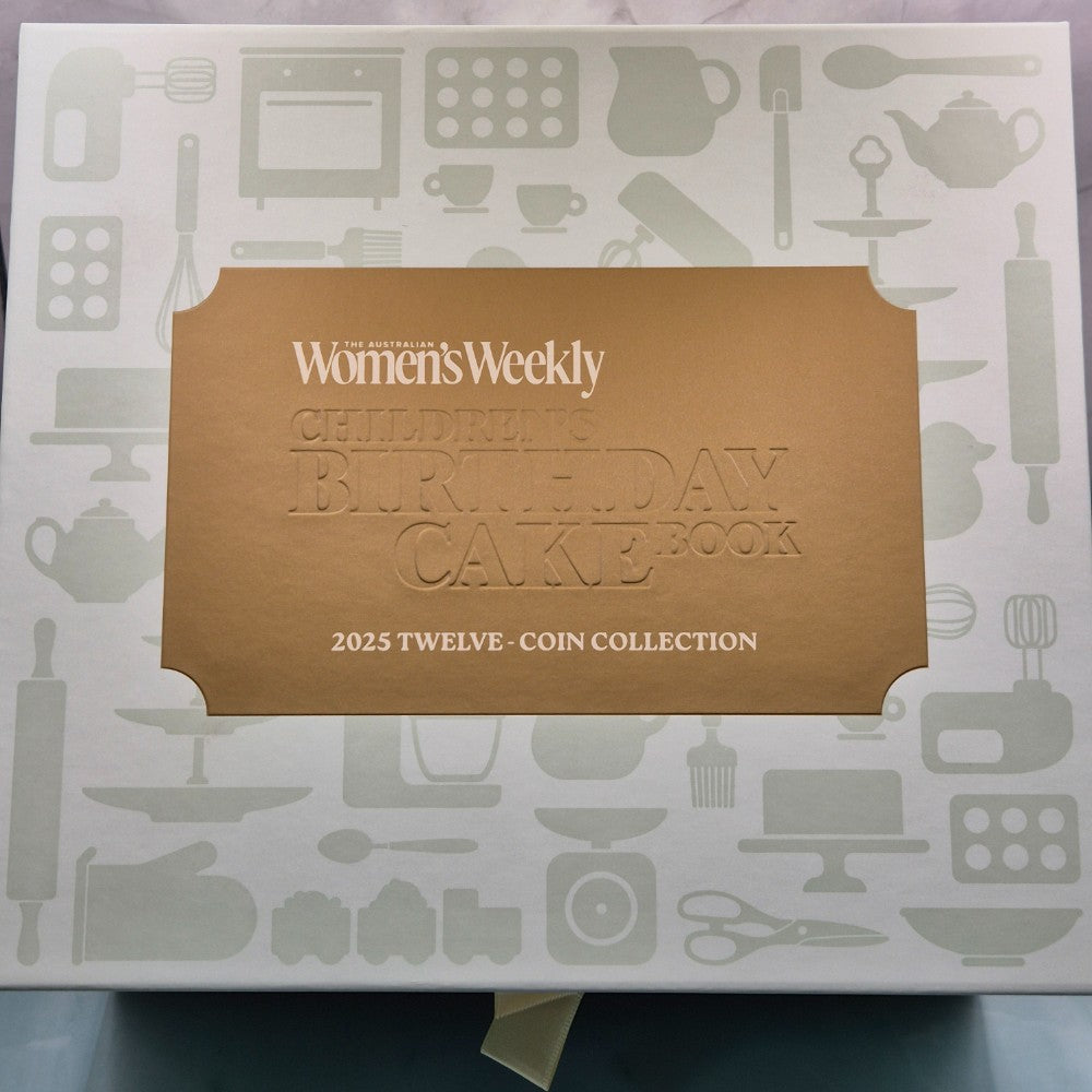 2025 Women's Weekly Birthday Cake 12 Coin Recipe Box with 11x $1 carded coins and 1x $2 carded coloured Hickory Dickory Watch coin