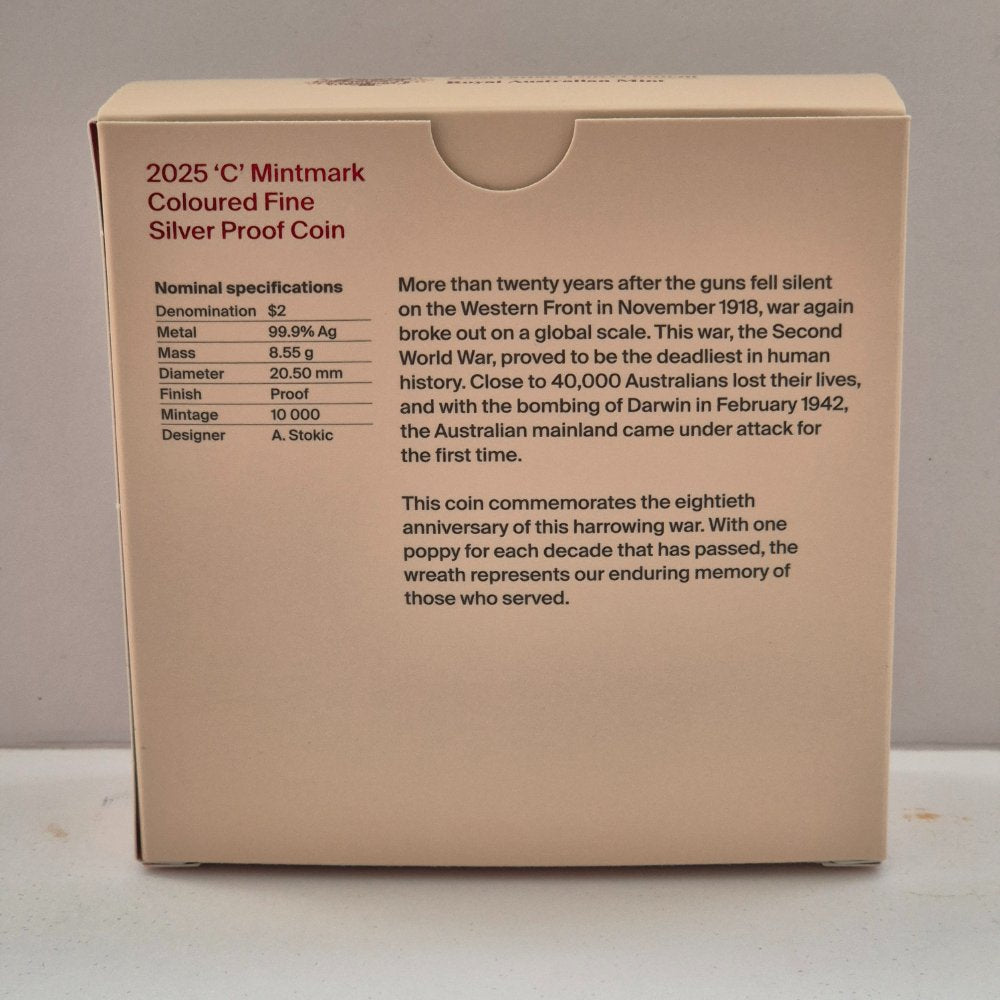 2025 $2 80 Years On Remembering The Second World War 'C' Mintmark Coloured Silver Proof