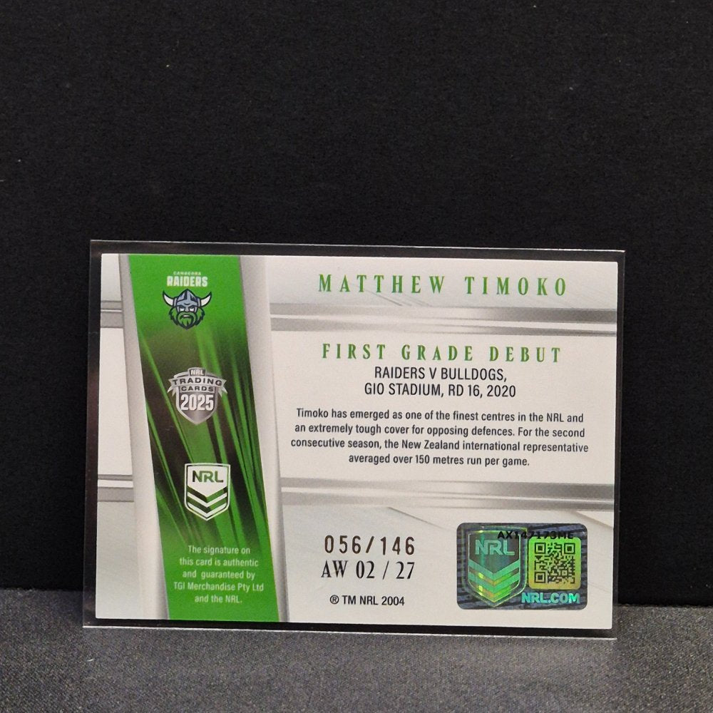 2025 NRL Traders NRL White Authentics Signature – AW02 Matthew Timoko Canberra Raiders
