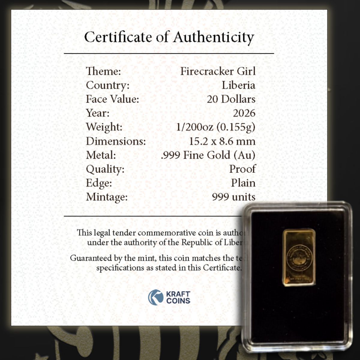 2026 Liberia $20 Firecracker Girl 1/200oz Fine Gold Proof Coin