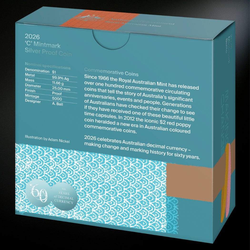 2026 $1 ‘C’ Mintmark 60 Years of Decimal Currency Fine Silver Proof Coin back of outer box