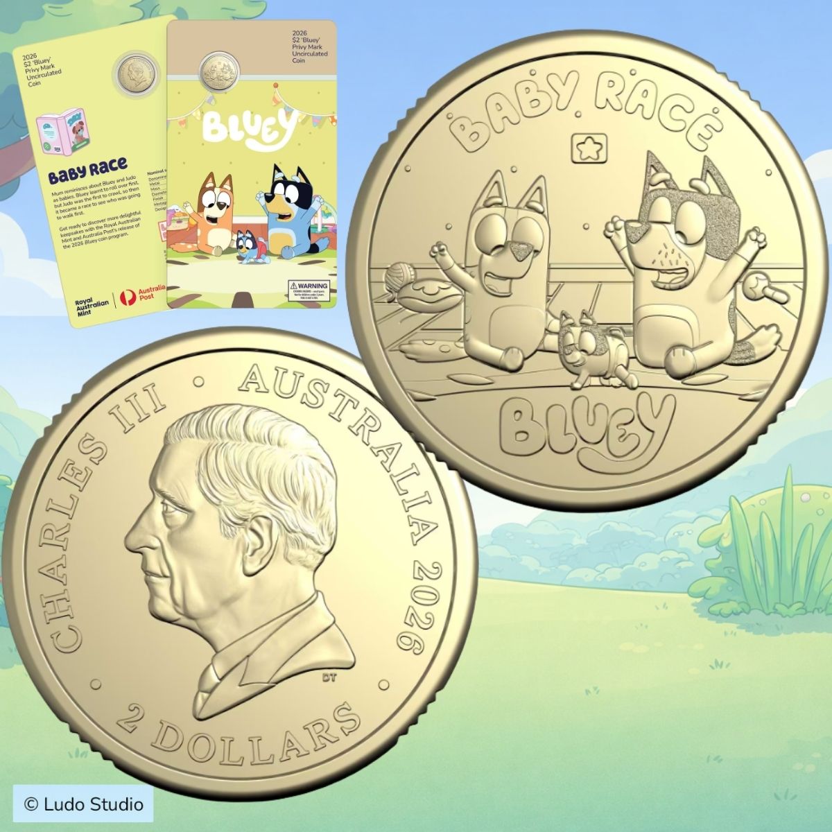 2026 Bluey Two Dollar Bucks Privy Mark Carded Coin - Baby Race