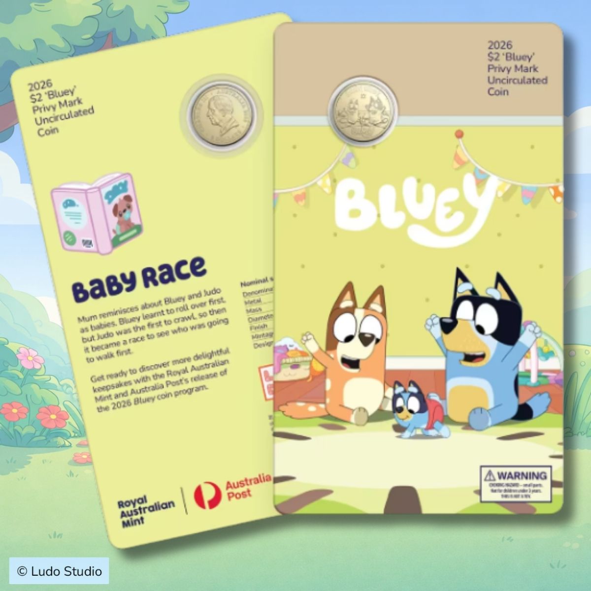 2026 Bluey Two Dollar Bucks Privy Mark Carded Coin - Baby Race