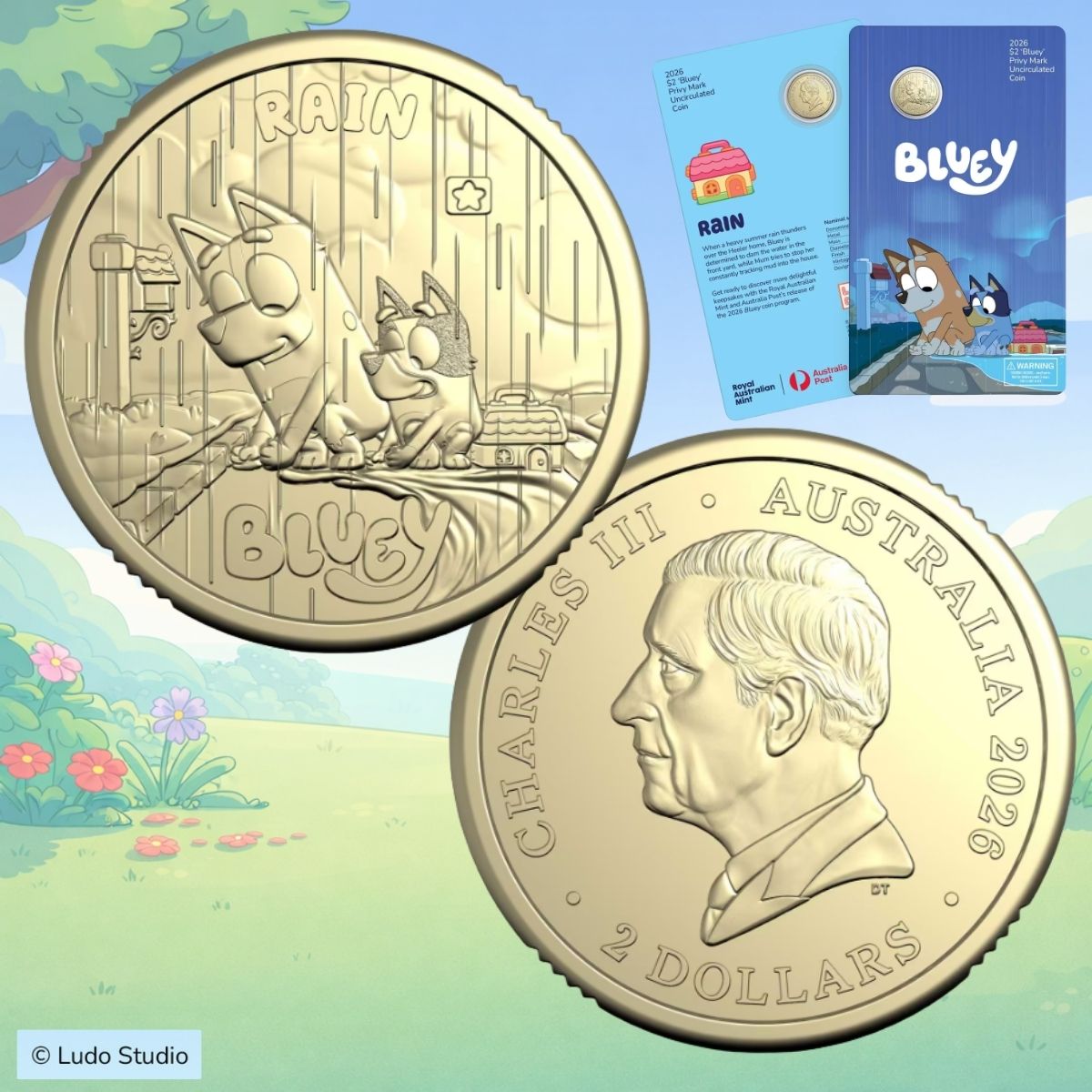 2026 Bluey Two Dollar Bucks Privy Mark Carded Coin - Rain
