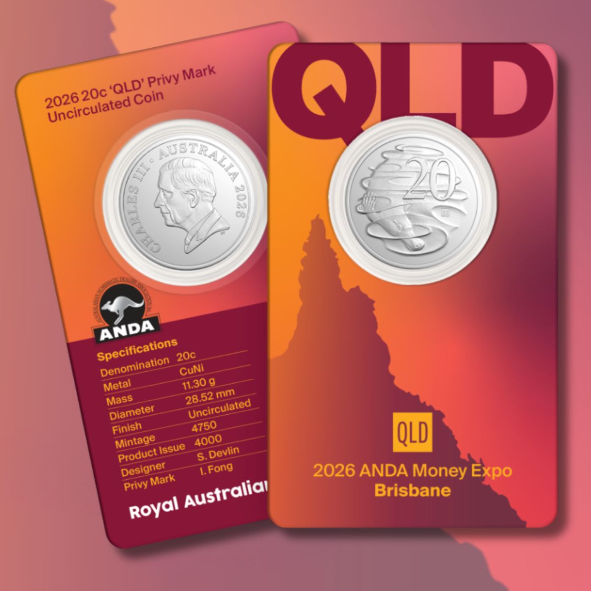 2026 20c Brisbane ANDA 'QLD' Privy Mark carded coin
