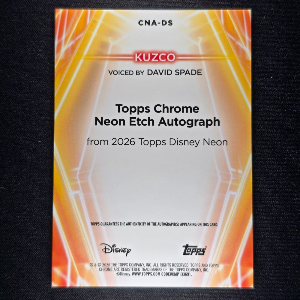 2026 Topps® Neon Disney Chrome Neon Etch Autos Gold Shimmer Parallel #CNA-DS Kuzco [David Spade] 10/50