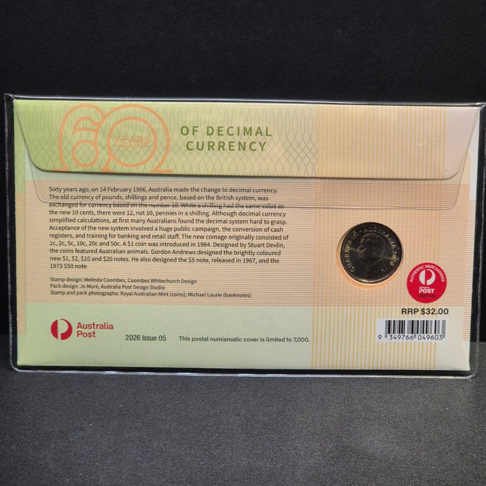 2026 $1 60 Years of Decimal Currency with Envelope Privy Mark PNC