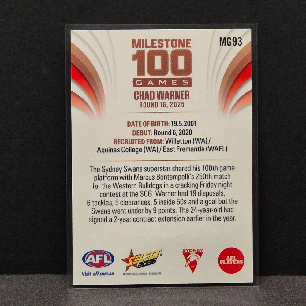 2026 AFL Footy Stars - Milestone Games - MG93 - Chad Warner
