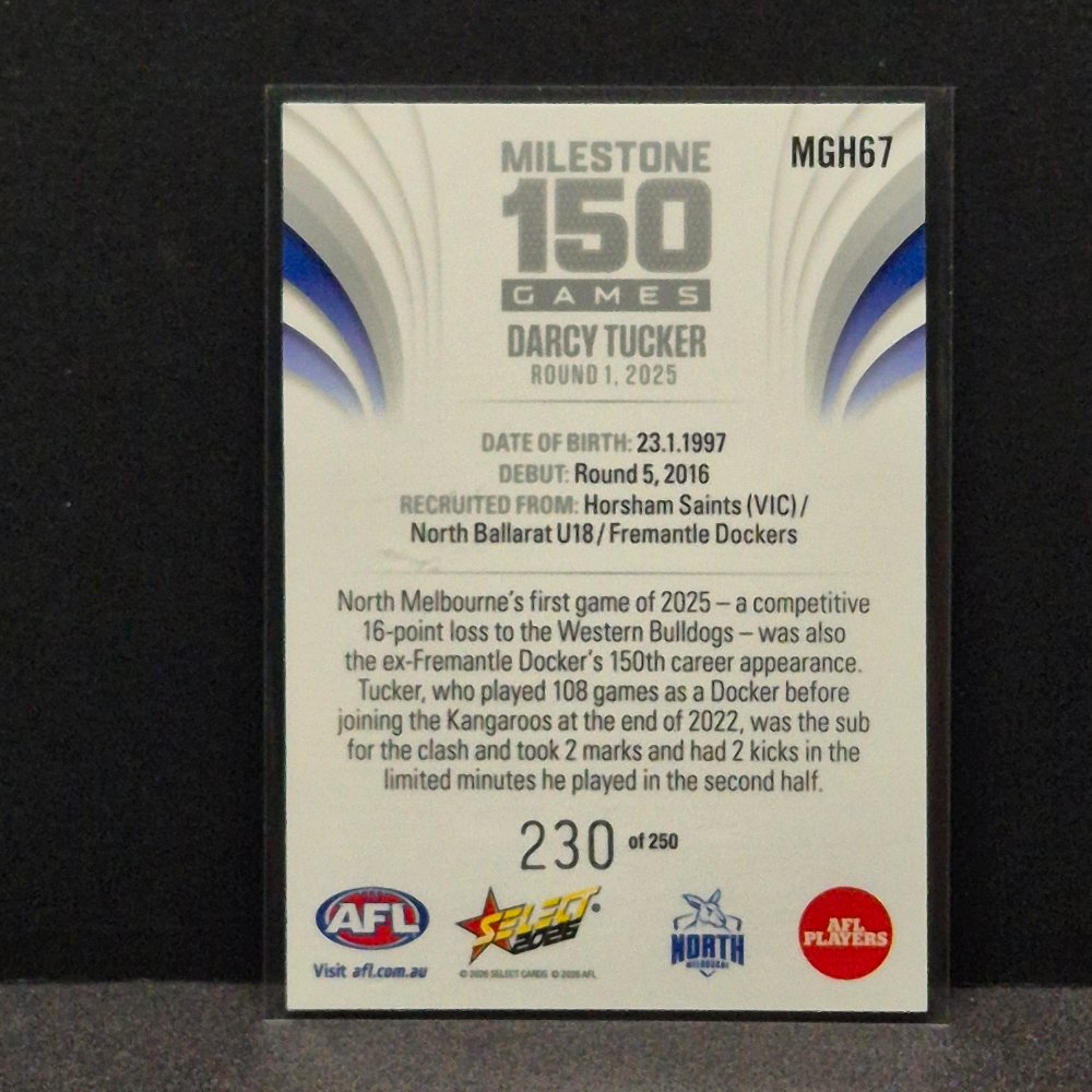 2026 AFL Footy Stars Hobby - Milestone Games - MGH67 - Darcy Tucker