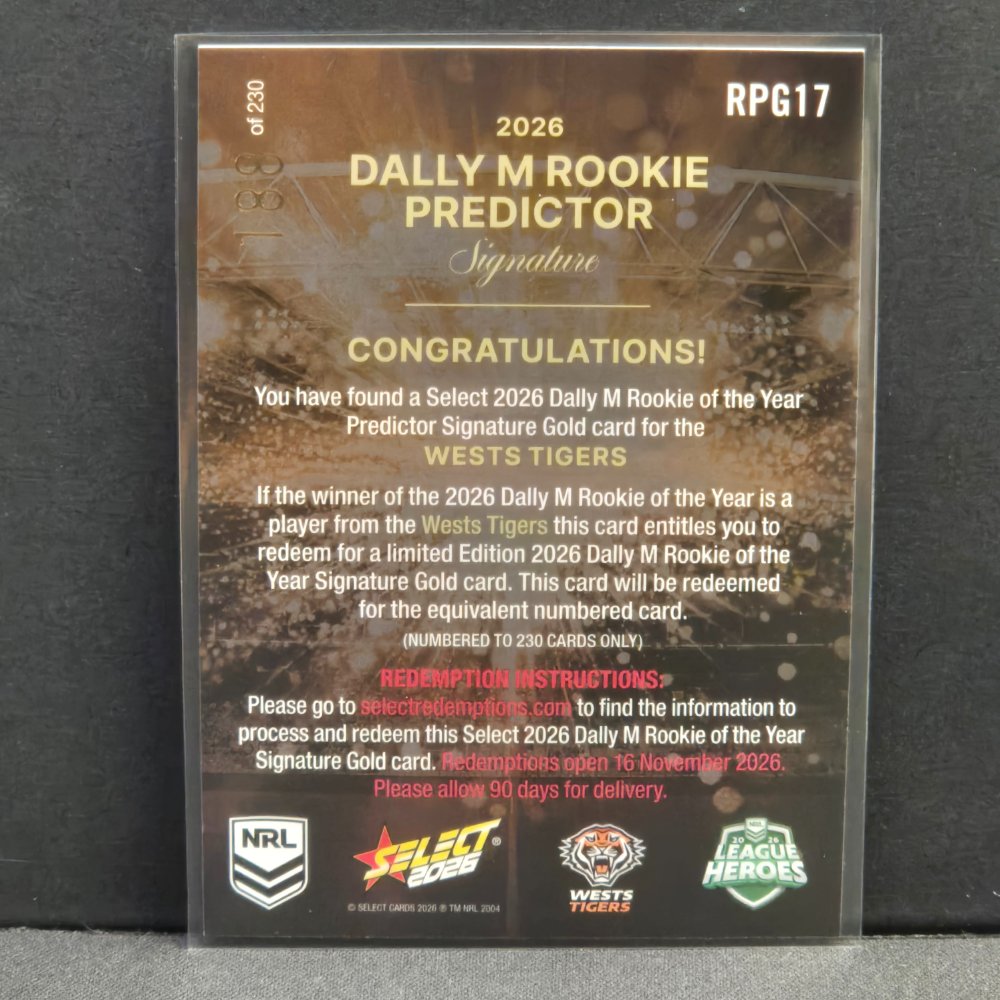 2026 NRL League Heroes - Dally M Rookie Predictor - Gold - RPG17 - Wests Tigers