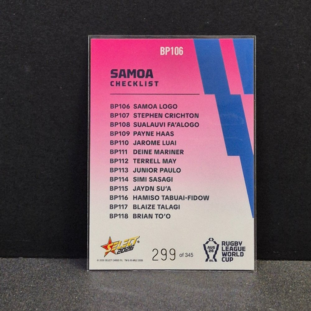 2026 NRL Rugby League World Cup Hobby - Parallel Pink - BP106 - Samoa Checklist