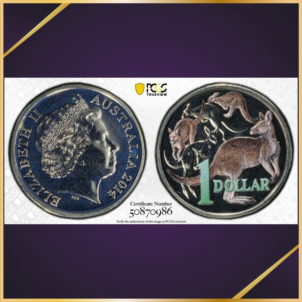 2014 $1 Mob of Roos 30th Anniversary Colourised CuNi PCGS Graded MS69