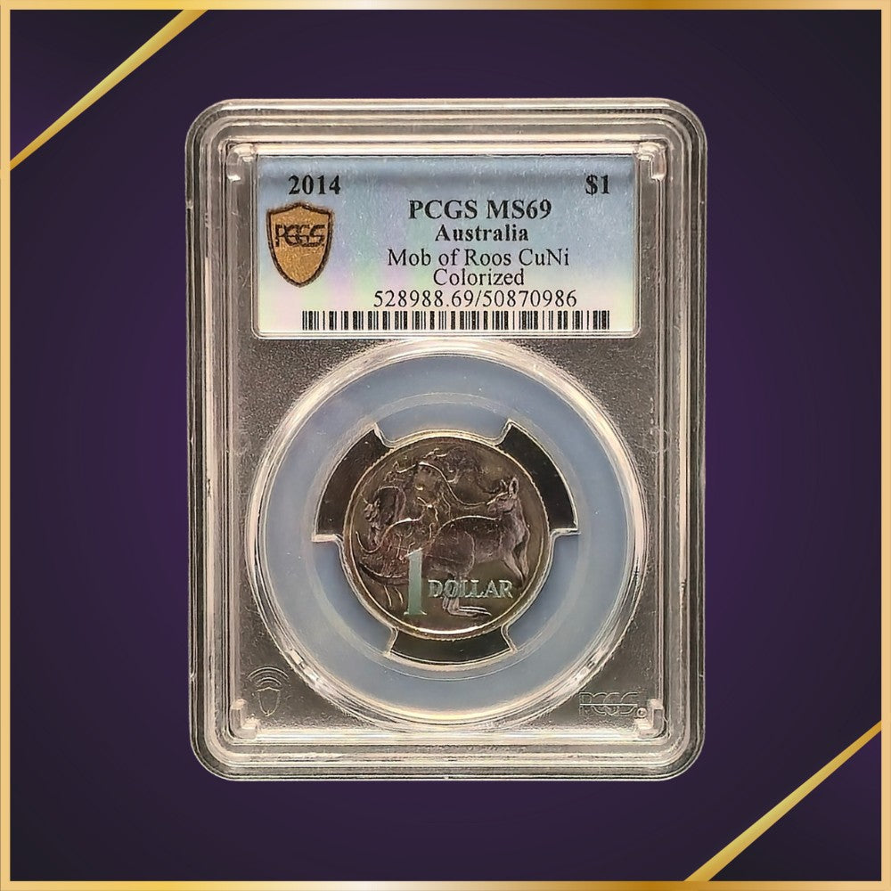 2014 $1 Mob of Roos 30th Anniversary Colourised CuNi PCGS Graded MS69