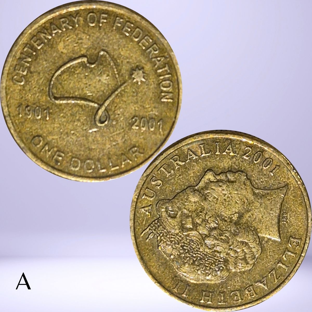 Two sides of a 2001 Australian Centenary of Federation $1 coin with rotation or upset die error