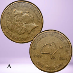 Two sides of a 2001 Australian Centenary of Federation $1 coin with rotation or upset die error