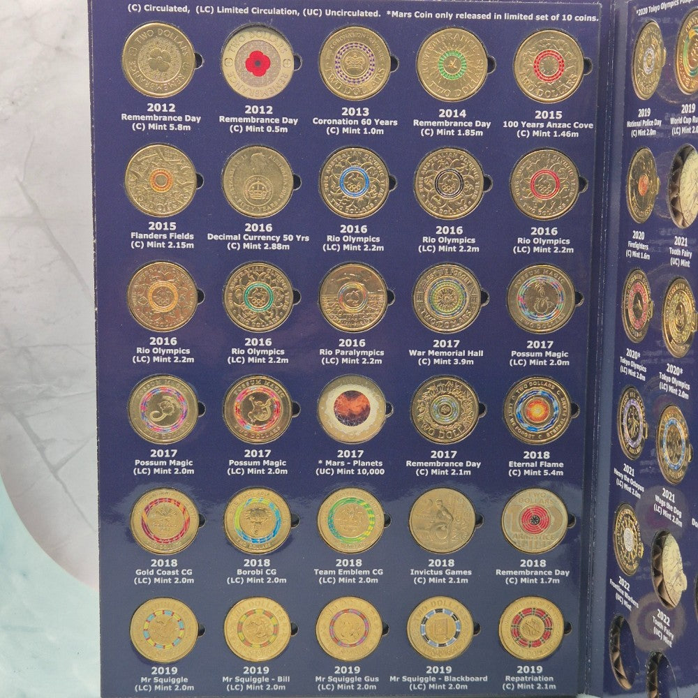 Australian Two Dollar $2 Coins Coloured Circulated & Uncirculated Collectors Folder 2012-Current (2022) Page 1 with 28x coins reverse shown 2012-2019