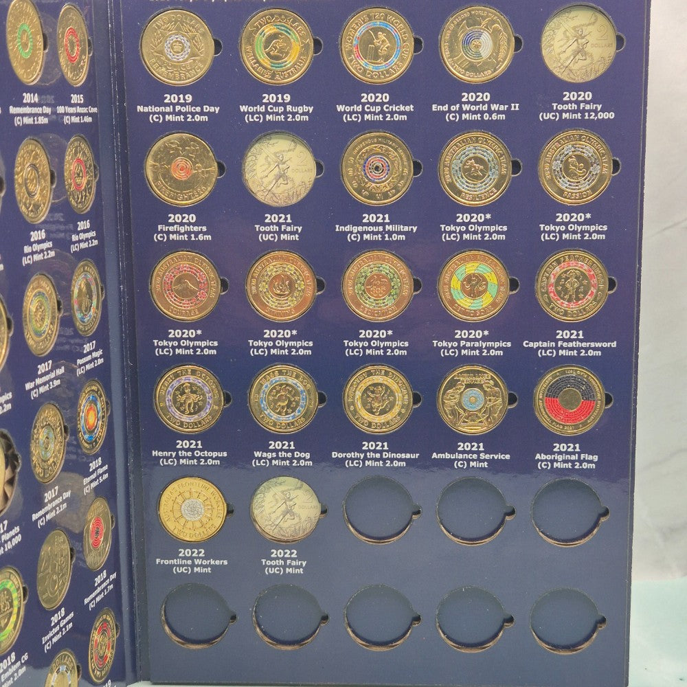 Australian Two Dollar $2 Coins Coloured Circulated & Uncirculated Collectors Folder 2012-Current (2022) Page 2 with 19x coins reverse shown 2019-2022